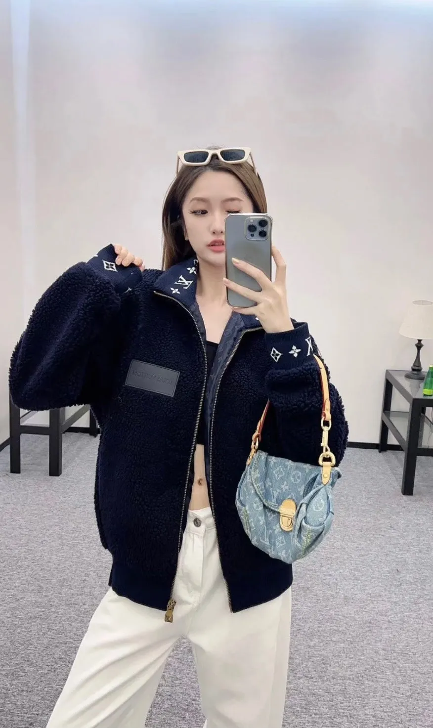 Louis Vuitton/Louis Vuitton 24Fw leather sherpa stand collar jacket
